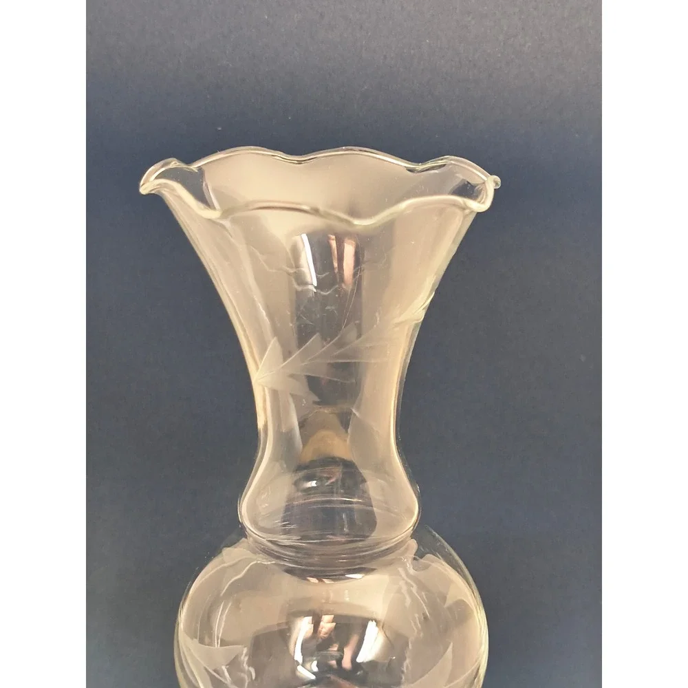 Vintage Princess House Etched Wheat Glass Bud Vase Copper Base Ruffled Rim